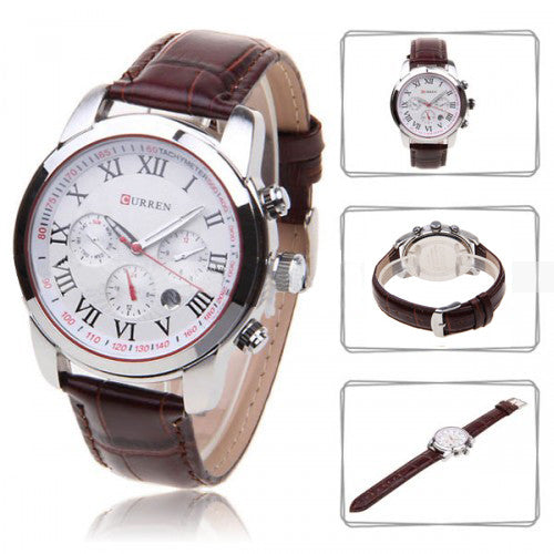Curren Men's Chronograph with Leather Band (White 4.5cm Dial) - Roman - CUR080