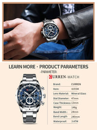 CURREN Top Brand Military Quartz Watches Silver Blue Mens Stainless Steel Chronograph Wristwatch for Male Casual Sporty Clocks
