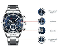 CURREN Top Brand Military Quartz Watches Silver Blue Mens Stainless Steel Chronograph Wristwatch for Male Casual Sporty Clocks