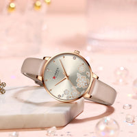 CURREN Watches Women Top Brand Leather Quartz Wristwatch Luxury Design Clock for Ladies Charm Flowers Dial Montre Femme
