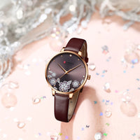 CURREN Watches Women Top Brand Leather Quartz Wristwatch Luxury Design Clock for Ladies Charm Flowers Dial Montre Femme
