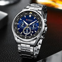 CURREN Luxury Brand Watches for Men Casual Sporty Quartz Wristwatch with 316 Stainless Steel Band Chronograph Clock Male Silver