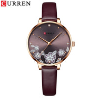 CURREN Watches Women Top Brand Leather Quartz Wristwatch Luxury Design Clock for Ladies Charm Flowers Dial Montre Femme