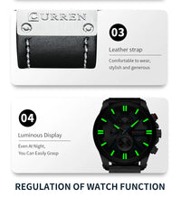 CURREN Brand Chronograph Sports Men's Watch Quartz Clock Leather Men's Luminous Watch Calendar Clock Relogio Masculino