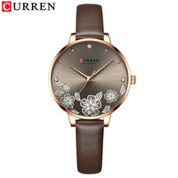 CURREN Watches Women Top Brand Leather Quartz Wristwatch Luxury Design Clock for Ladies Charm Flowers Dial Montre Femme
