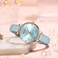 CURREN Watches Women Top Brand Leather Quartz Wristwatch Luxury Design Clock for Ladies Charm Flowers Dial Montre Femme