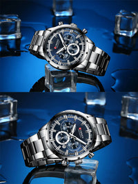 CURREN Top Brand Military Quartz Watches Silver Blue Mens Stainless Steel Chronograph Wristwatch for Male Casual Sporty Clocks