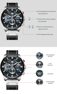 CURREN Brand Chronograph Sports Men's Watch Quartz Clock Leather Men's Luminous Watch Calendar Clock Relogio Masculino