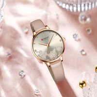 CURREN Watches Women Top Brand Leather Quartz Wristwatch Luxury Design Clock for Ladies Charm Flowers Dial Montre Femme