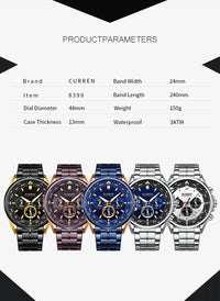 CURREN Luxury Brand Watches for Men Casual Sporty Quartz Wristwatch with 316 Stainless Steel Band Chronograph Clock Male Silver
