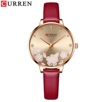 CURREN Watches Women Top Brand Leather Quartz Wristwatch Luxury Design Clock for Ladies Charm Flowers Dial Montre Femme