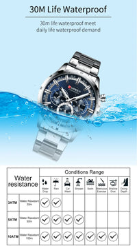 CURREN Top Brand Military Quartz Watches Silver Blue Mens Stainless Steel Chronograph Wristwatch for Male Casual Sporty Clocks
