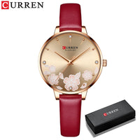 CURREN Watches Women Top Brand Leather Quartz Wristwatch Luxury Design Clock for Ladies Charm Flowers Dial Montre Femme