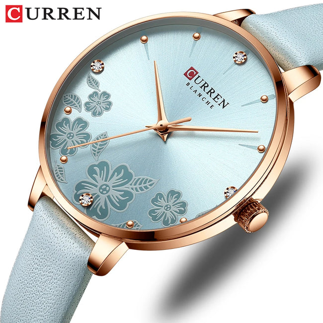 CURREN Watches Women Top Brand Leather Quartz Wristwatch Luxury Design Clock for Ladies Charm Flowers Dial Montre Femme