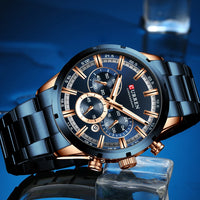 CURREN Top Brand Military Quartz Watches Silver Blue Mens Stainless Steel Chronograph Wristwatch for Male Casual Sporty Clocks