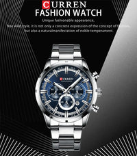 CURREN Top Brand Military Quartz Watches Silver Blue Mens Stainless Steel Chronograph Wristwatch for Male Casual Sporty Clocks