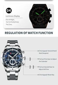 CURREN Top Brand Military Quartz Watches Silver Blue Mens Stainless Steel Chronograph Wristwatch for Male Casual Sporty Clocks