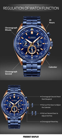 CURREN Luxury Brand Watches for Men Casual Sporty Quartz Wristwatch with 316 Stainless Steel Band Chronograph Clock Male Silver