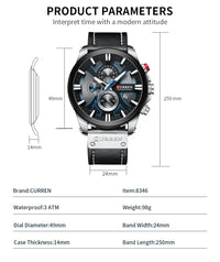 CURREN Brand Chronograph Sports Men's Watch Quartz Clock Leather Men's Luminous Watch Calendar Clock Relogio Masculino
