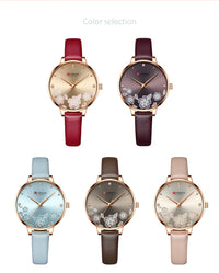 CURREN Watches Women Top Brand Leather Quartz Wristwatch Luxury Design Clock for Ladies Charm Flowers Dial Montre Femme