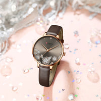CURREN Watches Women Top Brand Leather Quartz Wristwatch Luxury Design Clock for Ladies Charm Flowers Dial Montre Femme