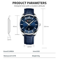 CURREN 8365 Men's Minimalist Calendar Water-Resistant Quartz Watch, Business Style with Leather Strap