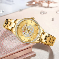 CURREN Luxury Rhinestones Rose Dial Fashion Watches with Stainless Steel Band New Quartz Wristwatches for Women