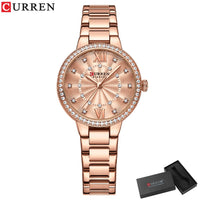 CURREN Quartz Wristwatches for Wommen Luxury Rhinestones Rose Dial Fashion Watches with Stainless Steel Band New