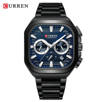 CURREN Men Square Chronograph Watch Black Stainless Steel Band with 3 Sub-Dials Casual Business Quartz Wristwatch Luminous Hands