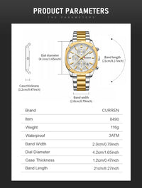 CURREN Stainless Steel Watch with Timer Calendar Luminous Hands And Stainless Steel Bracelet
