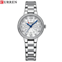 CURREN Quartz Wristwatches for Wommen Luxury Rhinestones Rose Dial Fashion Watches with Stainless Steel Band New