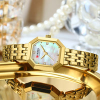 CURREN 9108 Casual Ladies' Quartz Watch, Octagonal Case Stainless Steel Strap Small Square Wristwatch