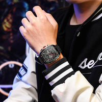 CURREN Tonneau Dial Sport Watch for Men Fashion Waterproof Quartz Wristwatch with Auto Date Yellow Silicone Strap Luminous