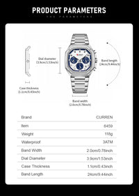 Curren Casual Versatile Men's Square Chronograph Watch (Dial 3.9cm) - CUR232