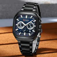 CURREN Men Square Chronograph Watch Black Stainless Steel Band with 3 Sub-Dials Casual Business Quartz Wristwatch Luminous Hands