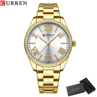 CURREN 9088 Women Luxury Quartz Watch Rhinestone Bezel Roman Numerals Dial Stainless Steel Bracelet Elegant Ladies Wristwatch
