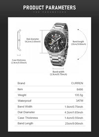 CURREN Skeleton Hollow Dial Automatic Mechanical Watch for Men 42mm Stainless Steel Band Business Sport Wristwatch with Luminous