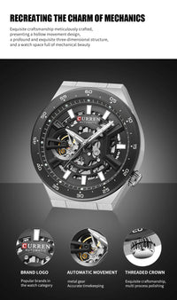 CURREN Skeleton Hollow Dial Automatic Mechanical Watch for Men 42mm Stainless Steel Band Business Sport Wristwatch with Luminous
