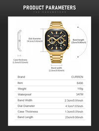 CURREN Men Square Chronograph Watch Black Stainless Steel Band with 3 Sub-Dials Casual Business Quartz Wristwatch Luminous Hands