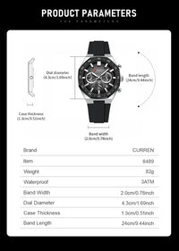 CURREN 8489 New Mens Watches Waterproof Sports Watch Silicone Strap Chronograph Quartz Wristwatch Relogios Masculino+BOX