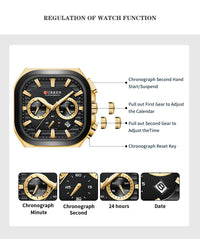 CURREN Men Square Chronograph Watch Black Stainless Steel Band with 3 Sub-Dials Casual Business Quartz Wristwatch Luminous Hands