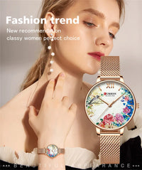 CURREN Women Watch Top Brand Luxury Gold Female Waterproof Clock Mesh Stainless Steel Bracelet Flower Ladies Wristwatch 9059