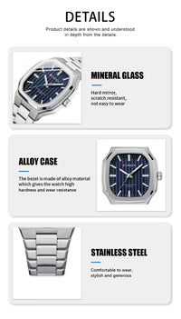 CURREN Luxury Business Square Quartz Watches  Classic Stripe Design Dial with Stainless Steel Band Wristwatch for Men