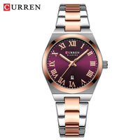 CURREN 9095 Women's Quartz Watch Fashion Calendar Leisure Analog Display Rose Gold Purple Stainless Steel Strap for Ladies Gift