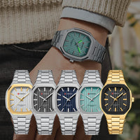 CURREN Luxury Business Square Quartz Watches  Classic Stripe Design Dial with Stainless Steel Band Wristwatch for Men