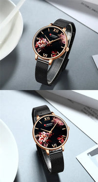 CURREN Women Watch Top Brand Luxury Gold Female Waterproof Clock Mesh Stainless Steel Bracelet Flower Ladies Wristwatch 9059