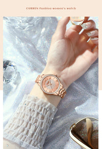 CURREN Luxury Rhinestones Rose Dial Fashion Watches with Stainless Steel Band New Quartz Wristwatches for Women