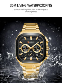 CURREN Men Square Chronograph Watch Black Stainless Steel Band with 3 Sub-Dials Casual Business Quartz Wristwatch Luminous Hands