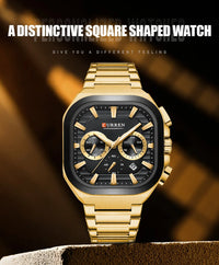 CURREN Men Square Chronograph Watch Black Stainless Steel Band with 3 Sub-Dials Casual Business Quartz Wristwatch Luminous Hands
