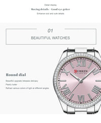 CURREN 9088 Women Luxury Quartz Watch Rhinestone Bezel Roman Numerals Dial Stainless Steel Bracelet Elegant Ladies Wristwatch